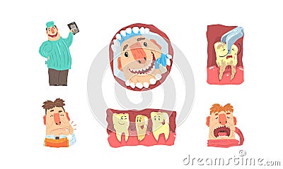 Stomatology, Dentistry Concept, Doctor Treating Patient with Carious Teeth Set, Cavity Protection Cartoon Vector Vector Illustration