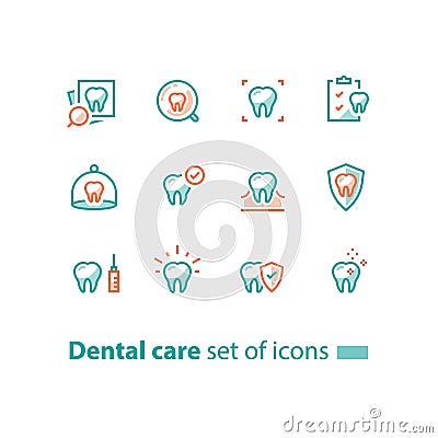 Stomatology services, dental care, prevention check up, hygiene and treatment, line icons Vector Illustration