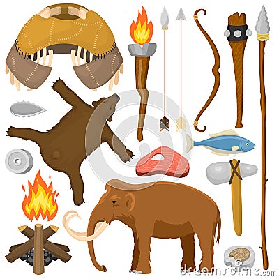 Stone age aboriginal primeval historic hunting primitive people weapon and house life symbols vector illustration. Vector Illustration