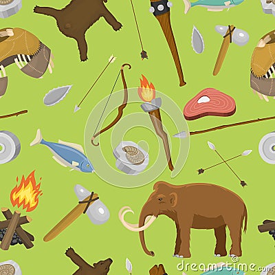 Stone age aboriginal primeval historic hunting primitive stoneage caveman people weapon and house life symbols vector Vector Illustration