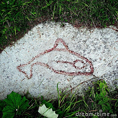 Stone Age carving depicting the fish - painted for better visibility, Frosta Peninsula, Norway Stock Photo
