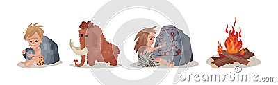 Stone Age with Caveman, Bonfire and Mammoth Vector Set Vector Illustration