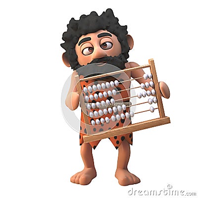 Stone age caveman character in 3d holding an abacus, 3d illustration Cartoon Illustration