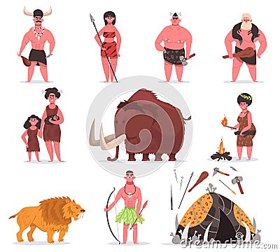 Stone age characters. Caveman, primitive characters, ancient animals and weapons tool. Primitive prehistoric period Vector Illustration