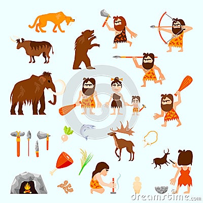 Stone Age Flat Icons Set Vector Illustration