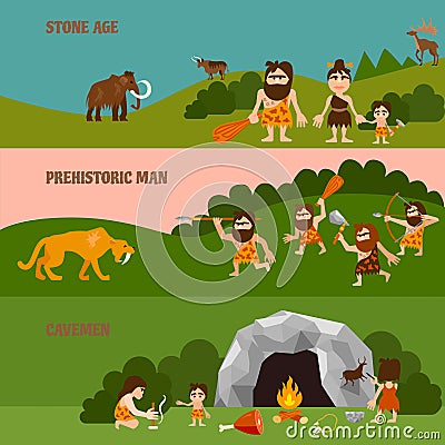 Stone Age Horizontal Banners Vector Illustration