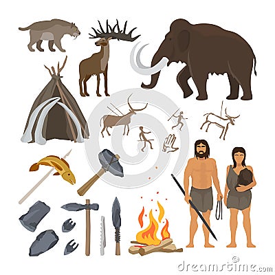 Stone age icons set Vector Illustration