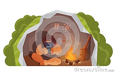 Stone age primitive man holding mobile phone modern technology, sitting in rock cave Vector Illustration