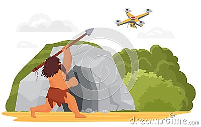 Stone age primitive man hunting on drone with spear weapon near cave, human evolution Vector Illustration