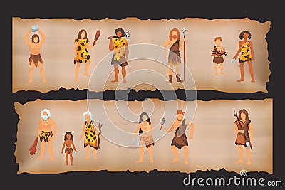 Stone age primitive people tribes in stone caves near fire place. Barbarian Caveman ancient women in fur wears with baby Vector Illustration