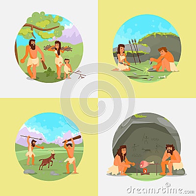 Cavemen stone age people vector flat illustration Vector Illustration