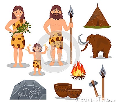 Stone age symbols set, primitive people, mammoth, weapon, prehistoric house vector Illustrations on a white background Vector Illustration