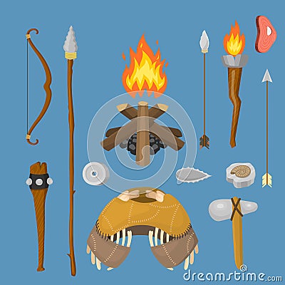 Stone age vector aboriginal primeval historic hunting primitive people weapon and house life symbols illustration. Vector Illustration