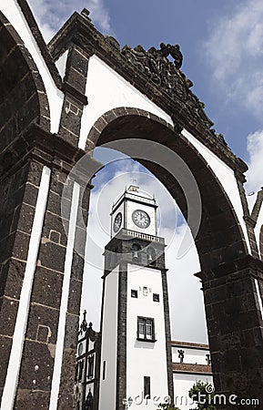 Stone arch and church. Ponta Delgada. Sao Miguel. Azores. Portug Stock Photo