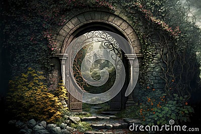 stone arch with doorway with openwork gate in gloomy garden Stock Photo