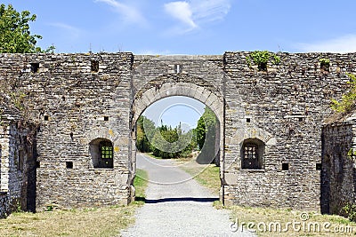 Stone arches entree of fortified castle Stock Photo