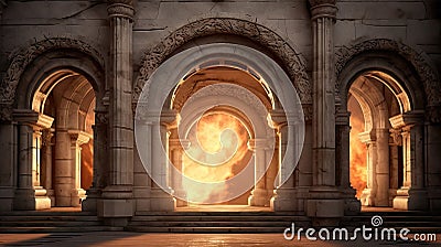 Stone Arches with Flames. Embracing the Essence of Ancient Classic Architecture Stock Photo