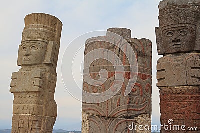 Stone atlantes statues on top of pyramid in Tula Hidalgo Mexico I Editorial Stock Photo