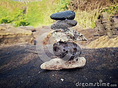 Stone balancing background. Life balance brings harmony concept. Zen like balanced stone tower with copy space. Stock Photo