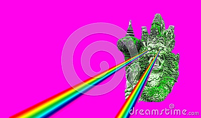 Stone balinese statue magenta background Creative trendy pop art Stock Photo