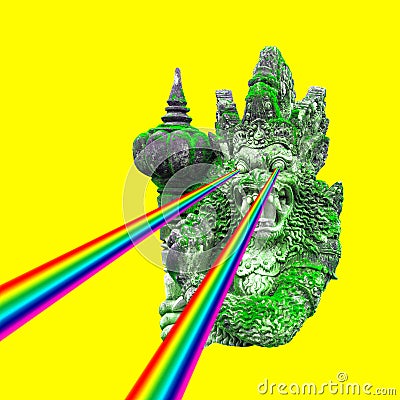 Stone balinese statue neon yellow background Creative pop art Stock Photo