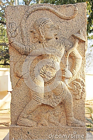 Stone bas-reliefs on the column in Hazara Rama Temples Hampi. Ca Stock Photo