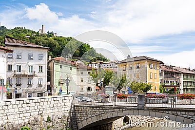 Bridge decorated with flower vases in the Borgo Valsugana , a village in the Italian Alps Stock Photo