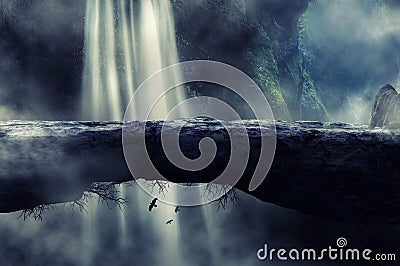 Stone bridge fantasy with foggy waterfall in a background Stock Photo