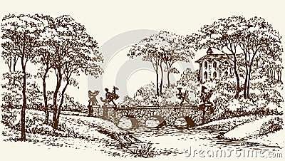 Stone Bridge in old park. Vector drawing Vector Illustration