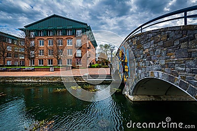 Stone bridge over Carroll Creek, in Frederick, Maryland. Stock Photo