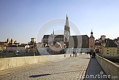 Stone Bridge over the Danube in Regensburg. Bavaria. Germany Stock Photo