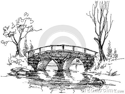 Stone bridge over river Vector Illustration