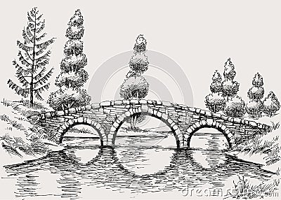 Stone bridge arch over river Vector Illustration