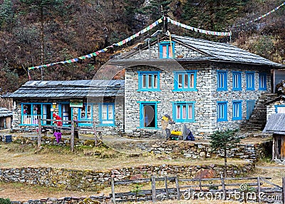 Stone Building at remote Lodge in Himalaya Mountains Editorial Stock Photo