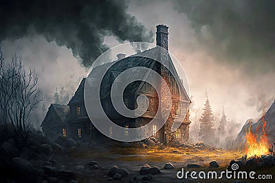 stone burning house and flame-engulfed surroundings and territory in smoke Stock Photo