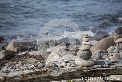 Stone Cairn Balance Art On Baltic Sea Coast Stock Photo