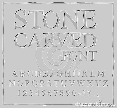 Stone Carved font. Alphabet on rock plate. Chips and scratches. Vector Illustration