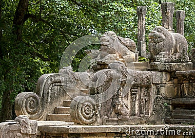 The stone carved stairway leading up to the ruins of the Audience Hall at Polonnaruwa in Sri Lanka. Stock Photo
