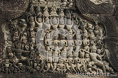 Stone carvings depicting stories at Angkor Wat Siem Reap Stock Photo