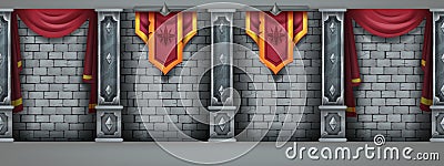 Stone castle wall background, brick medieval vector texture, palace interior illustration, marble column. Vector Illustration