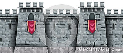 Stone castle wall seamless background, medieval city brick fortification tower, standard, loophole. Vector Illustration
