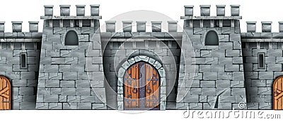 Stone castle wall seamless background, medieval Greek tower game illustration, vintage wooden city gate. Vector Illustration