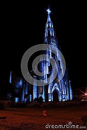 Stone cathedral city Canela / Gramado with blue illumination, Rio Grande Do Sul, Brazil - Church city Canela Rio Grande Do Sul, Br Stock Photo