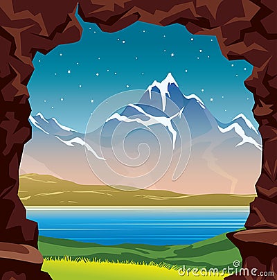 Summer landscape - lake, mountain, cave, grass. Cartoon Illustration