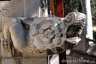 A stone Chinese dragon`s head on a wall in Forbidden City, Beijing Editorial Stock Photo