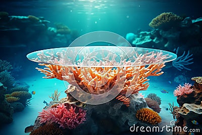 Stone coral table on a beautiful marine underwater ocean background Stock Photo