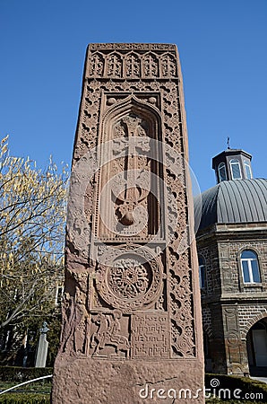 Stone cross in Echmiadzin (Vagharshapat),medieval christian art,Armenia Stock Photo