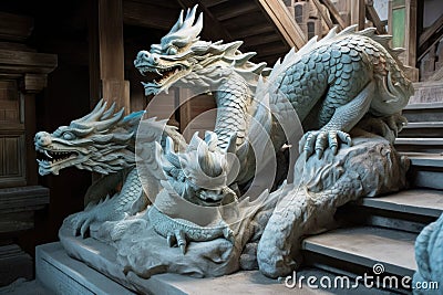 stone dragon sculptures guarding temple stairs Stock Photo