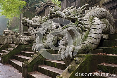 stone dragon sculptures guarding temple steps Stock Photo