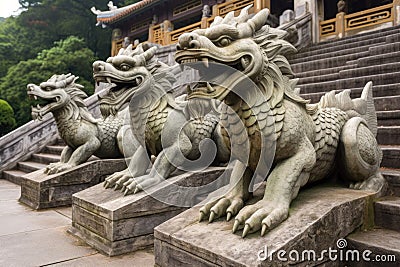 stone dragon sculptures guarding temple steps Stock Photo